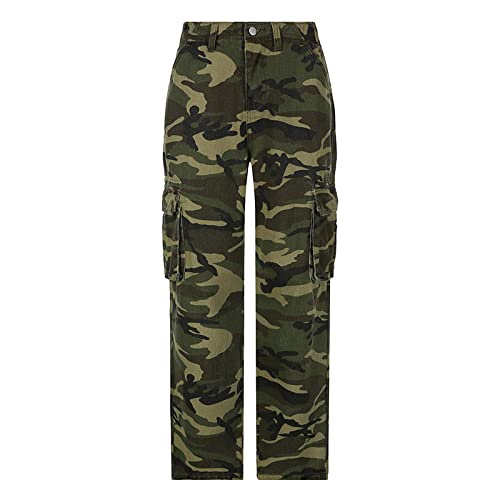 BUXIANGGAN Jeanshosen Camouflage Cargohose Mit Tasche Damen Army Green Lose Kleidung Hose Jeans Streetwear S 1 von BUXIANGGAN