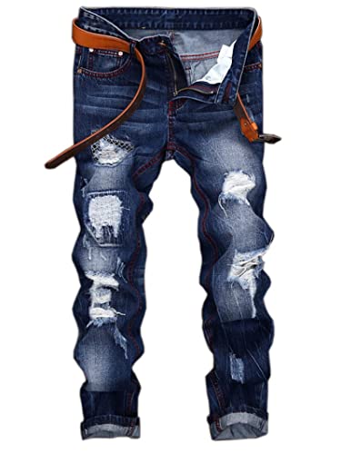 BUXIANGGAN Jeanshosen Herren Jeans Zerrissene Jeanshose Loch Motorrad Design Plus Größe Mode Ruinierte Jeans 33 Blau von BUXIANGGAN