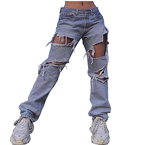 BUXIANGGAN Jeanshosen Zerrissene Jeans Mit Geradem Bein Frauen In Voller Länge Vintage Streetwear Baggy Denim Pants Kausale Mode Loch Lose Weibliche Hose S Hellblau von BUXIANGGAN