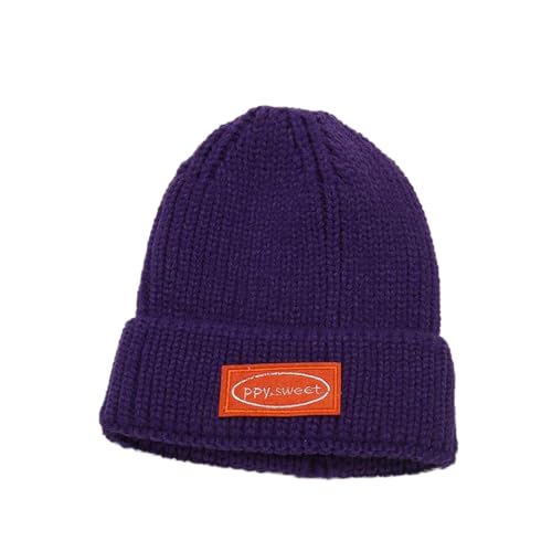 BUXIANGGAN Mütze Beanie Hut Hüte Für Frauen Mädchen Jungen Eltern Verdickte Warme Strickmütze Candy Farbe Motorhaube Herbst Winter Mütze 54-58Cm Dunkellila von BUXIANGGAN