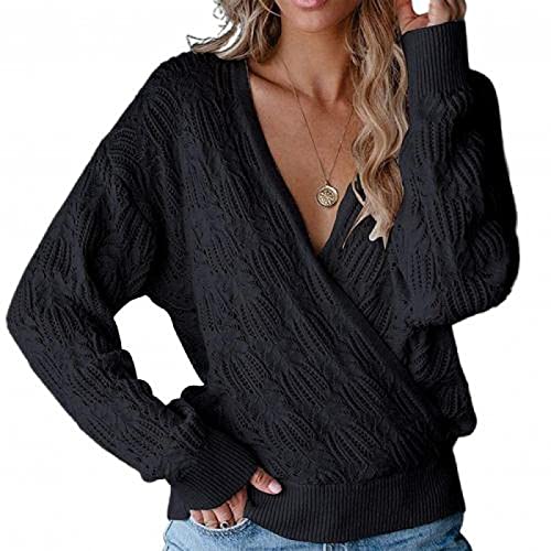 BUXIANGGAN Pullover Sweatshirts Damen Tiefer V-Ausschnitt Wickelpullover Langarm Häkelstrick Pullover Top M Schwarz von BUXIANGGAN