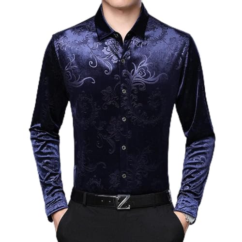 BUXIANGGAN T Shirts Hemd Herren Blumenhemden Slim Fit Langarm Velourshemd Herren Freizeithemd Herren Chemise-Navy_Asian_Size_4XL von BUXIANGGAN