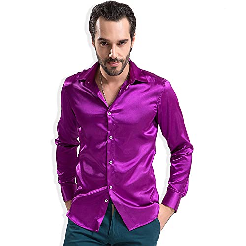 BUXIANGGAN T Shirts Hemd Herren Hemd Satin Hochzeitshemd Party Bräutigam Glänzendes Kleid Schlichtes Weiß Smokinghemd Herren-Purple_44_is_Asian_Size_4XL von BUXIANGGAN