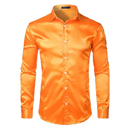 BUXIANGGAN T Shirts Hemd Herren Weiches Hemd Langarm Glänzende Knöpfe Satin Smoking Hemd Für Hochzeit Prom-Orange_XL von BUXIANGGAN