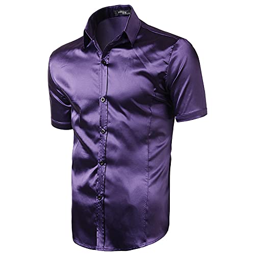 BUXIANGGAN T Shirts Hemd Lila Satin Hemd Herren Einfarbig Lässig Slim Fit Kurzarm Kleidung Für Party Events-Purple_XL von BUXIANGGAN