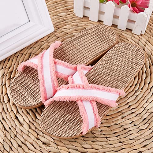 Hausschuhe Pantoletten Slipper Damen Herren Flache Damenschuhe Mit Streifen, Kreuzriemen, Lässig, Vintage, Strohgeflecht, Rutschfest, Flip-Flops, Atmungsaktiv, Strandschuhe, Sandale, 38, Rosa von BUXIANGGAN