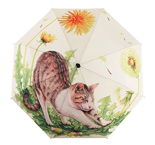 BXT Damen-Regenschirm, modern, kunstvoll, Dreifach Faltbar, Geh-Regenschirm, Einzigartiger Reise-Regenschirm, stabil, windfest, UV-Schutz LSF 40+, Sonnen- und Regenschirm, Big Lazy Cat (Mehrfarbig) - BXT-UMBREL-096 von BXT