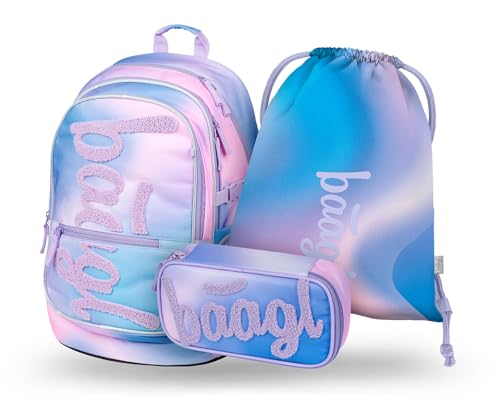 Baagl Schulrucksack Set Jungen Mädchen 3 Teilig, Schultasche für Grundschule Volksschule, Grundschule Ranzen mit Brustgurt, Ergonomischer Schulranzen (Sky) von Baagl