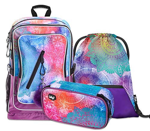 Baagl Schulrucksack Set Mädchen 3 Teilig - Schultasche ab 3. Klasse - Grundschule Ranzen mit Brustgurt - Ergonomischer Schulranzen (Mandala) von Baagl