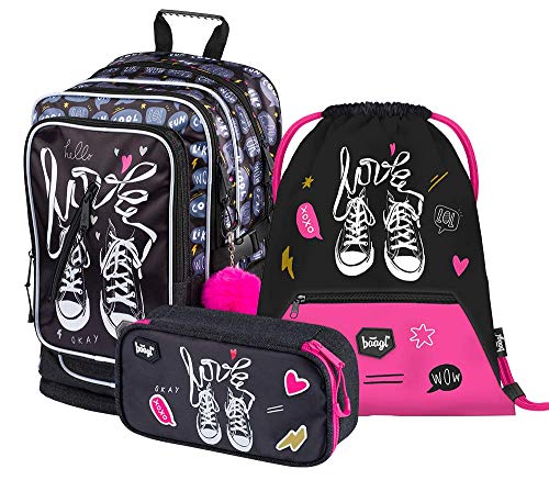 Baagl Schulrucksack Set Mädchen 3 Teilig - Schultasche ab 3. Klasse - Grundschule Ranzen mit Brustgurt - Ergonomischer Schulranzen (Turnschuhe) von Baagl