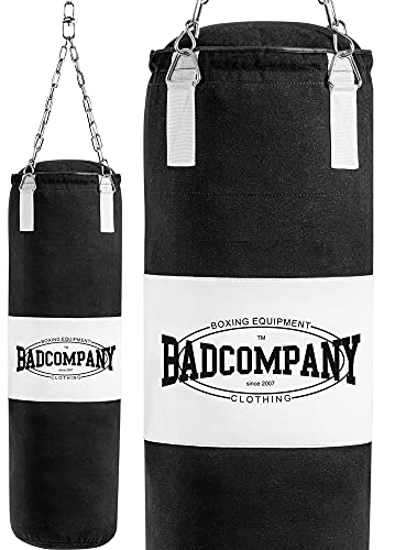 Bad Company Boxsack inkl. Heavy Duty Stahlkette I Canvas Punching Bag mit PVC-Target, ungefüllt I 120 x 30 cm - Schwarz/Weiß von Bad Company
