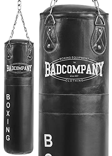 Bad Company Boxsack inkl. Heavy Duty Vierpunkt-Stahlkette I Leder Punching Bag, gefüllt I 150 x 35 cm - Schwarz von Bad Company