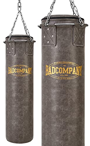 Bad Company Vintage Boxsack inkl. Heavy Duty Vierpunkt-Stahlkette und Metallring I Kunstleder Punching Bag gefüllt 150 x 35 cm von Bad Company