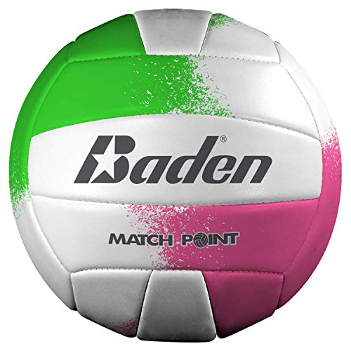 Baden Match Point, gepolstertes Kunstleder, Outdoor-Freizeit-Volleyball und College-Camp-Ball, alle Altersgruppen, offizielle Größe 5, Neonrosa/Grün/Weiß von Baden