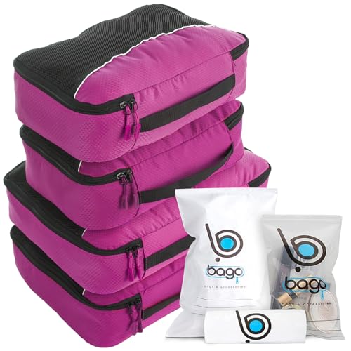 Packwürfel 4pcs Wert Set für Reisen - Plus 6pcs Gepäck Veranstalter Zip Beutel (Pink) von Bago