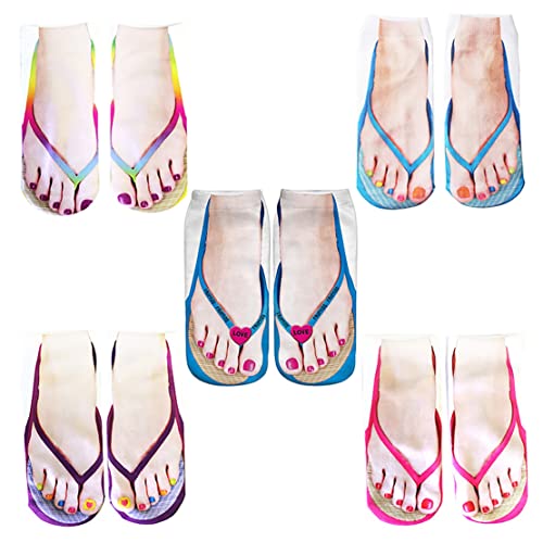 Bahderaus 5 Paare Flip Flop Socken 3D ManiküRe Druck Lustige Versteckte Komfort Laufsocken Damen Personalisiert Geschnitten Ankle von Bahderaus