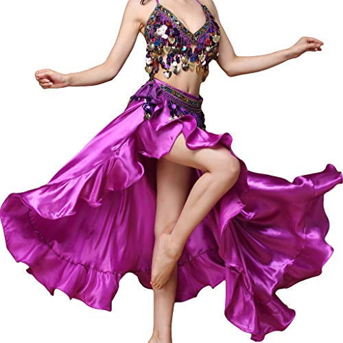 Baisdan Satin Rüschen Swing Röcke Bauchtanz Kostüm Flamenco Seitenschlitz Maxi Full Rock Kleid, Damen, violett, Einheitsgröße von Baisdan