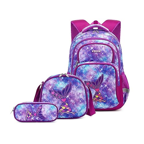 Balakaka Schulrucksack Daypacks für Jungen Mädchen Großer Wasserdichtes Kinderrucksack mit Lunch-Taschen Bleistift, Rucksack für Kinder im Alter von 7 bis 13 Jahren,Lila Fischschwanz von Balakaka