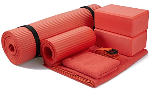 BalanceFrom GoYoga 7-teiliges Set – inklusive Yogamatte mit Tragegurt, 2 Yoga-Blöcken, Yogamatten-Handtuch, Yoga-Handtuch, Yogagurt und Yoga-Knieschoner (Rot, 1,27 cm dicke Matte) von BalanceFrom
