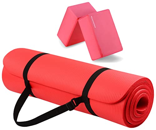 BalanceFrom GoYoga Allzweck-Yogamatte, extra dick, hohe Dichte, reißfest, mit Tragegurt und Yoga-Blöcken, Rot von Signature Fitness