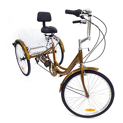 Balider Dreirad für Erwachsene Senioren, 24 Zoll 6 Geschwindigkeit 3 Rad Fahrrad mit Korb, Cityfahrrad Tricycle, mit Kotflügel& Reflektierende Lichter, Gold von Balider