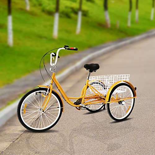 Balider Dreirad für Erwachsene Senioren, 24 Zoll 6 Geschwindigkeit 3 Rad Fahrrad mit Korb, Cityfahrrad Tricycle-Gewichtskapazität von 242 LBS-Einstellbare Kissenhöhe, Gelb von Balider
