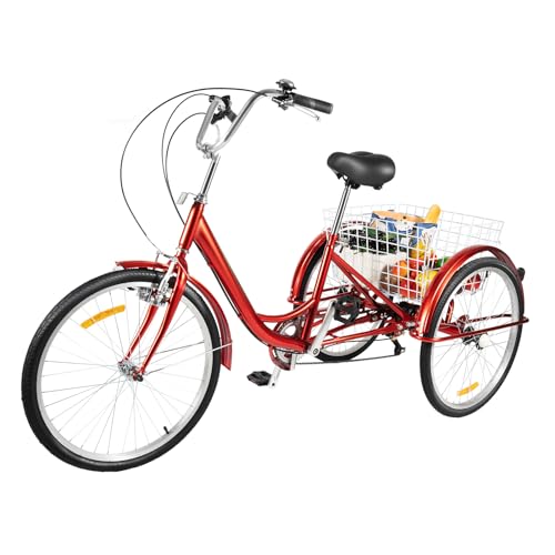 Balider Dreirad für Erwachsene Senioren, 24 Zoll 6 Geschwindigkeit 3 Rad Fahrrad mit Korb, Cityfahrrad Tricycle-Gewichtskapazität von 264 LBS-Einstellbare Kissenhöhe, Rot von Balider