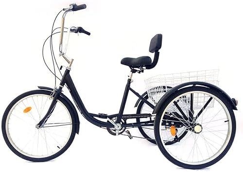 Balider Dreirad für Erwachsene Senioren, 24 Zoll 6 Geschwindigkeit 3 Rad Fahrrad mit Korb, Cityfahrrad Tricycle-von 209.44lb, mit Kotflügel& Reflektierende Lichter, Schwarz von Balider