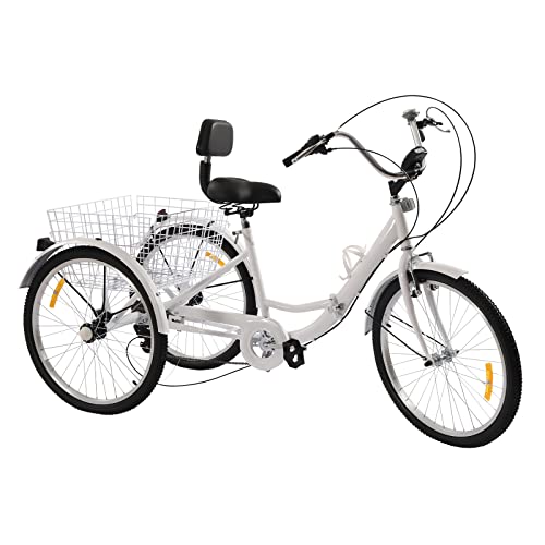 Balider MBUYI Dreirad für Erwachsene Senioren, 24 Zoll 7 Geschwindigkeit 3 Rad Fahrrad mit Korb,Cityfahrrad Tricycle-Gewichtskapazität von 140KG-Einstellbare Kissenhöhe, Weiß von Balider