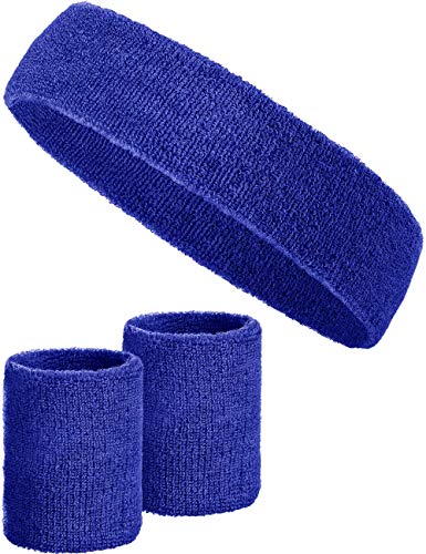 3-teiliges Schweißband-Set mit 2X Schweißbändern für die Handgelenke + 1x Stirnband für Damen & Herren (Blau) von Balinco