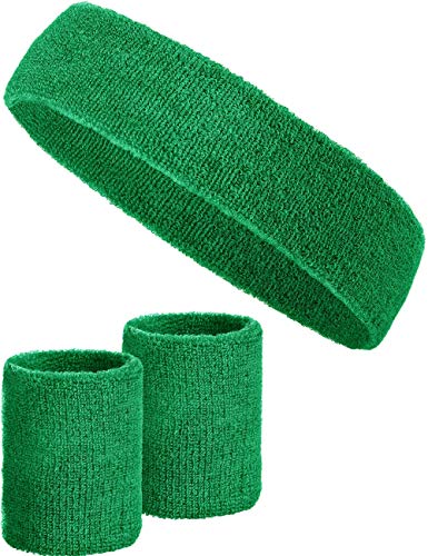 3-teiliges Schweißband-Set mit 2X Schweißbändern für die Handgelenke + 1x Stirnband für Damen & Herren (Dunkelgrün) von Balinco