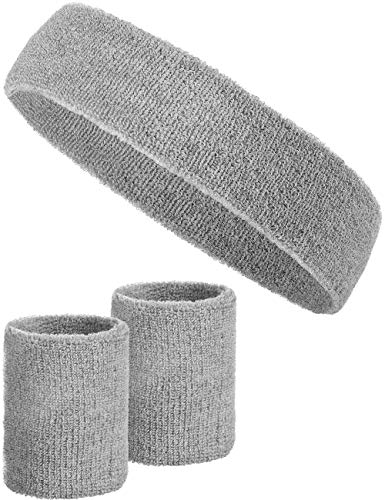 3-teiliges Schweißband-Set mit 2X Schweißbändern für die Handgelenke + 1x Stirnband für Damen & Herren (Grau) von Balinco