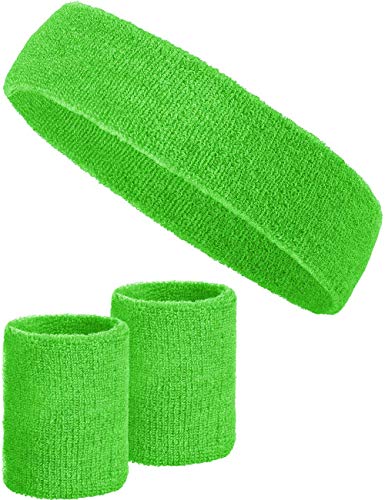 3-teiliges Schweißband-Set mit 2X Schweißbändern für die Handgelenke + 1x Stirnband für Damen & Herren (Grün) von Balinco