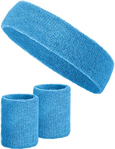 3-teiliges Schweißband-Set mit 2X Schweißbändern für die Handgelenke + 1x Stirnband für Damen & Herren (Hellblau) von Balinco