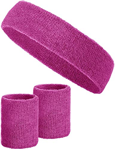 3-teiliges Schweißband-Set mit 2X Schweißbändern für die Handgelenke + 1x Stirnband für Damen & Herren (Pink) von Balinco