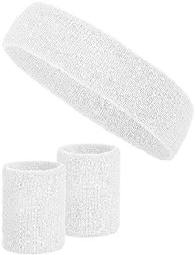 3-teiliges Schweißband-Set mit 2X Schweißbändern für die Handgelenke + 1x Stirnband für Damen & Herren (Weiß) von Balinco