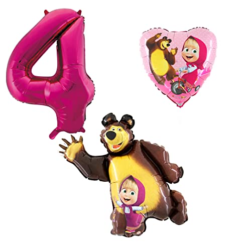 3er Set Mascha und der Bär Folienballons - Zahlenballon 4 pink - Happy Birthday Luftballons - Helium Luftgeeignet von Ballonim