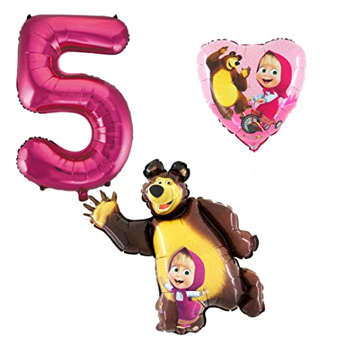 3er Set Mascha und der Bär Folienballons - Zahlenballon 5 pink - Happy Birthday Luftballons - Helium Luftgeeignet von Ballonim