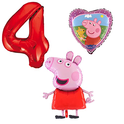 Ballonset Peppa Wutz Pig 3 er Set Peppa Folienballon, Zahl 4 in rot, Peppa mit Teddy Herz von Ballonim