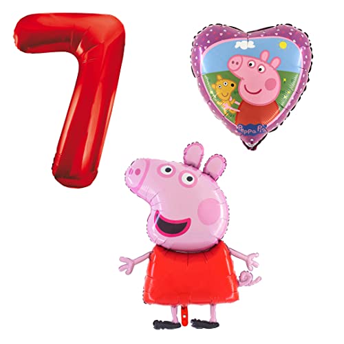 Ballonset Peppa Wutz Pig 3 er Set Peppa Folienballon, Zahl 7 in rot, Peppa mit Teddy Herz von Ballonim