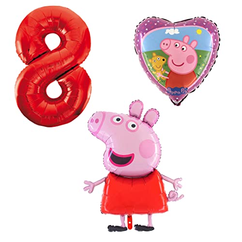 Ballonset Peppa Wutz Pig 3 er Set Peppa Folienballon, Zahl 8 in rot, Peppa mit Teddy Herz von Ballonim