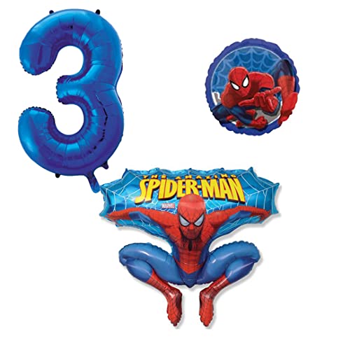 Ballonset Spiderman 3 er Set Spiderman Folienballon, Zahl 3 in Blau, Spiderman rund von Ballonim