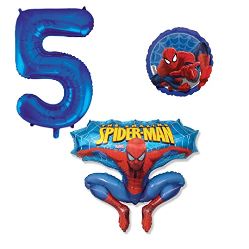 Ballonset Spiderman 3 er Set Spiderman Folienballon, Zahl 5 in Blau, Spiderman rund von Ballonim