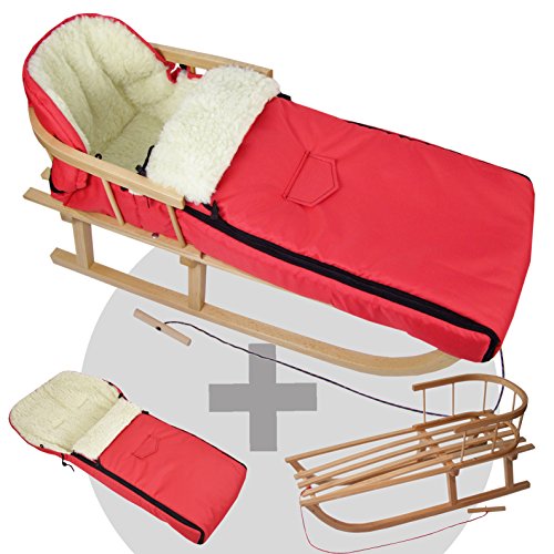 BambiniWelt24 BAMBINIWELT Kombi-Angebot Holz-Schlitten mit Rückenlehne & Zugseil + universaler Winterfußsack (108cm), auch geeignet für Babyschale, Kinderwagen, Buggy, aus Wolle Uni rot von BambiniWelt24
