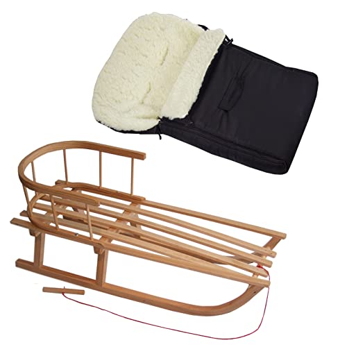 BambiniWelt24 BAMBINIWELT Kombi-Angebot Holz-Schlitten mit Rückenlehne & Zugseil + universaler Winterfußsack (90cm), auch geeignet für Babyschale, Kinderwagen, Buggy, aus Wolle Uni () von BambiniWelt24