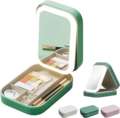 Integrierte Make-up-Aufbewahrungsbox mit lichtfüllendem Spiegel, ergänzendes LED-Kosmetikkoffer, Reise Kosmetikkoffer Organizer, Make-up-Aufbewahrungsbox mit LED-Lichtspiegel (Green) von Bamideo