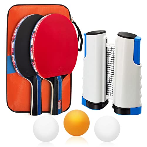 Baozun Tischtennisschläger Set, Tischtennis Set Tischtennis-Schläger mit 2 Tischtennisschlägern, 3 Bällen, Ausziehbare Tischtennisnetz und Tasche von Baozun