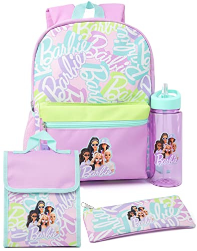 Barbie Mädchen 4-teiliges Rucksack-Set | Mode Puppen Logo Lila Rucksack Lunch Bag Federmäppchen Wasserflasche | Back to School Bag Geschenke von Barbie
