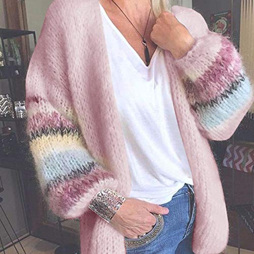 Bargemea Damen Langarm Open Front Strickjacken Grobstrick Pullover Outwear Gestreift Kontrast Mohair Strickjacke Herbst/Winter Strickjacke,groß von Bargemea