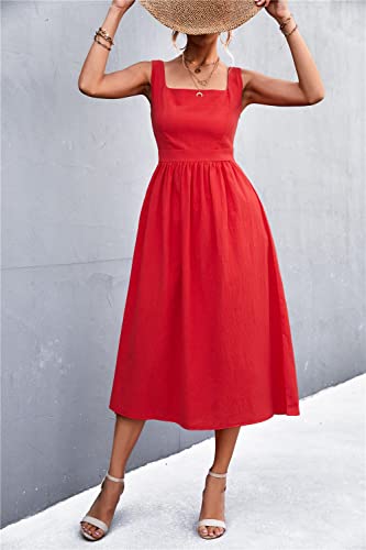 Bargemea Frauen-beiläufiges Kleid-Normallack-Sommer-reizvolles rückenfreies quadratisches Ansatz-Slip-Kleid-Midi-Kleider,rot,klein von Bargemea